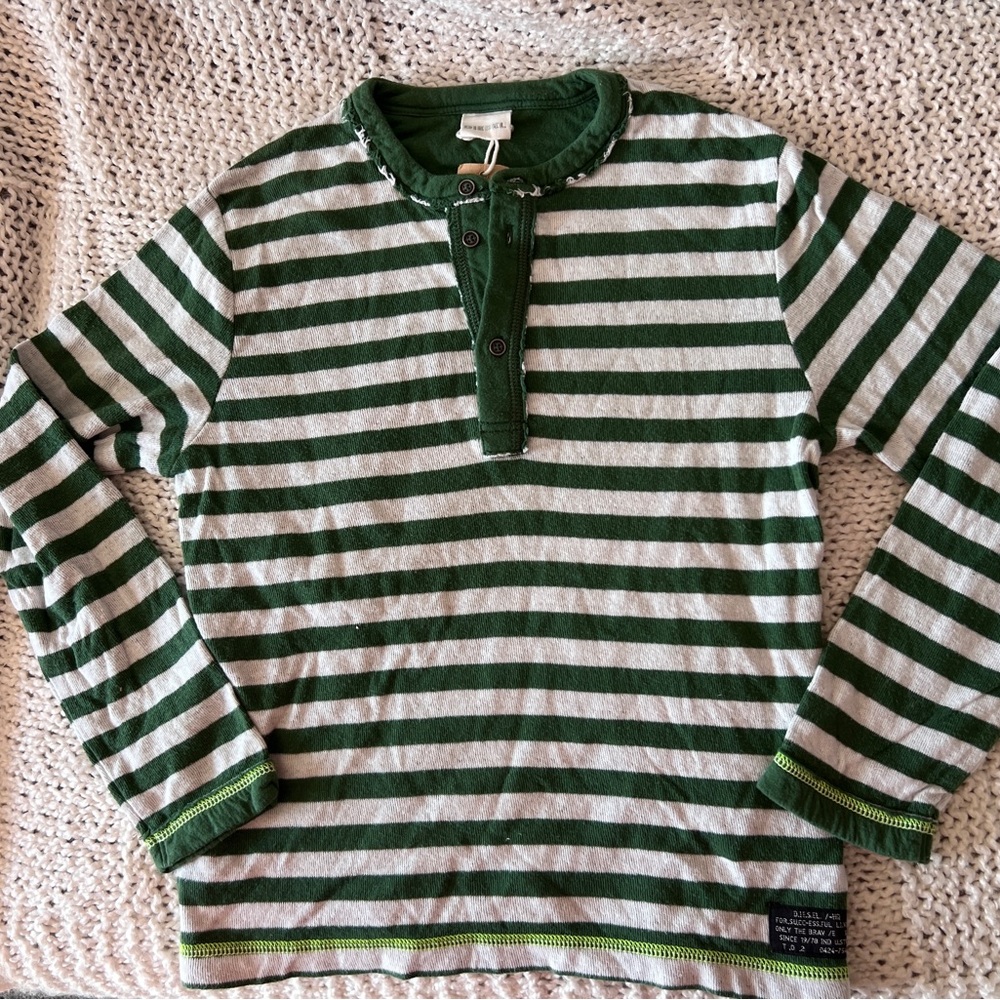 Diesel Green and White Striped Henley Tee
